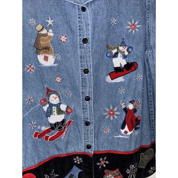 Quizz Again Blue Jean Women’s L Christmas Embroidered Winter Snowmen Shirt EUC - Picture 2 of 8